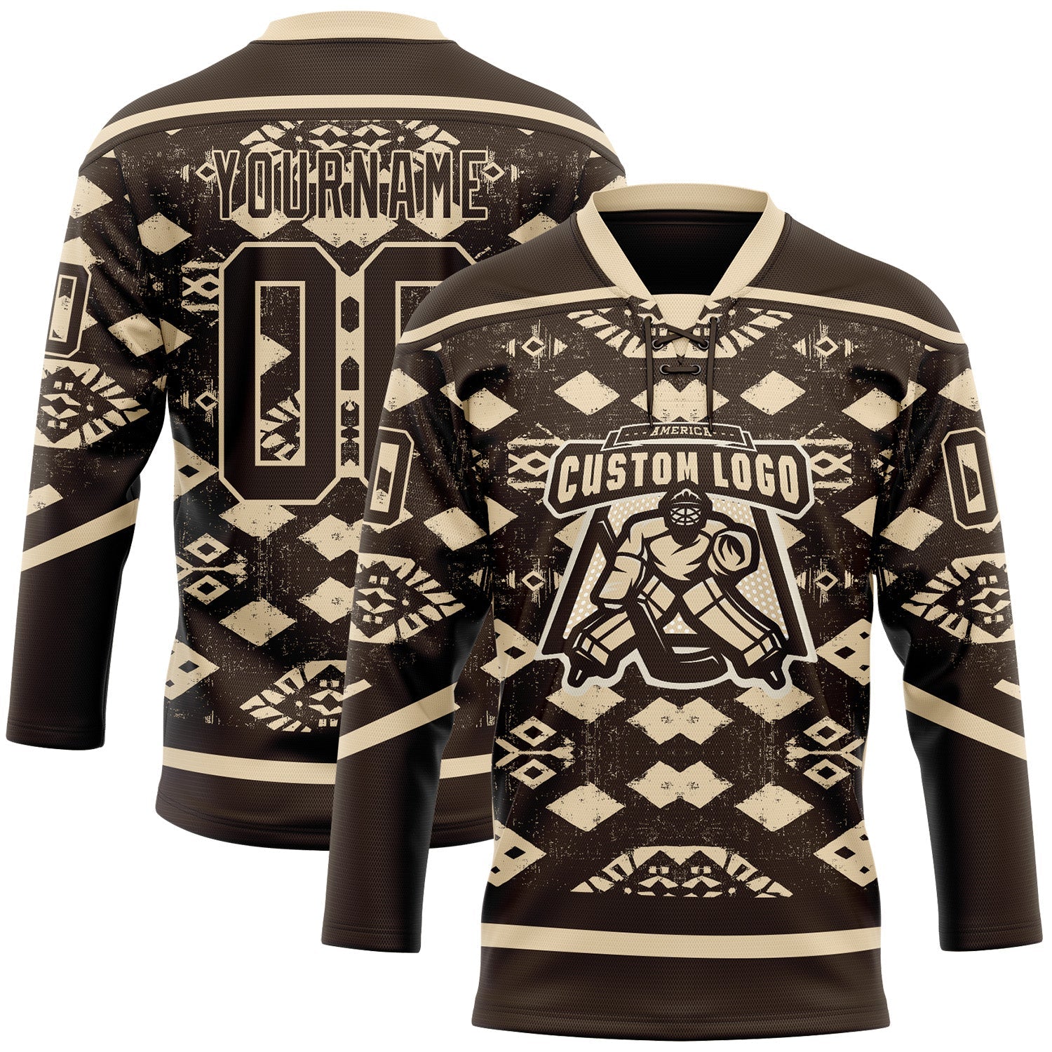 Custom Brown City Cream Tribal Indigenous Grunge Geometric Splash Hockey Lace Neck Jersey view 2