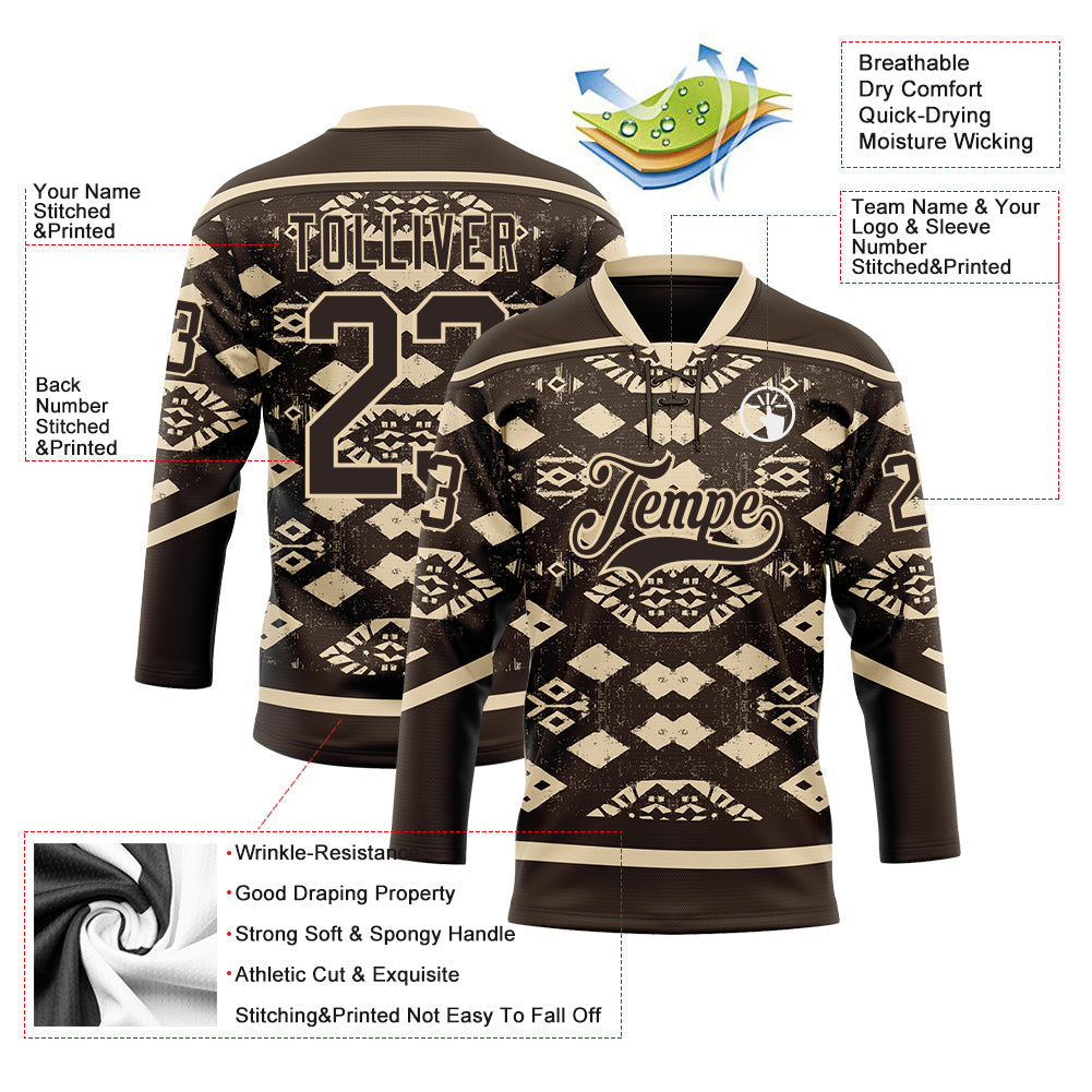 Custom Brown City Cream Tribal Indigenous Grunge Geometric Splash Hockey Lace Neck Jersey view 5