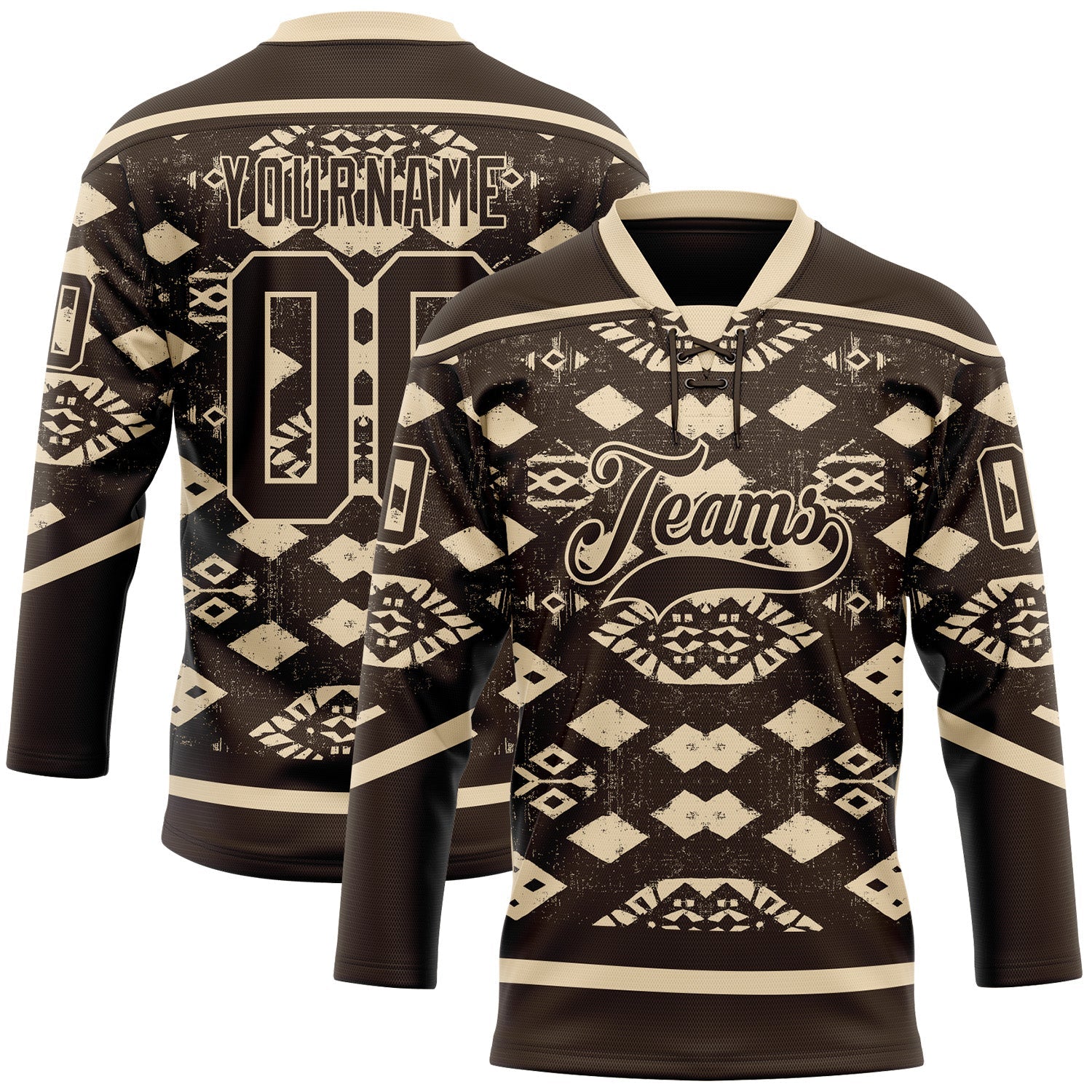 Custom Brown City Cream Tribal Indigenous Grunge Geometric Splash Hockey Lace Neck Jersey - Main View