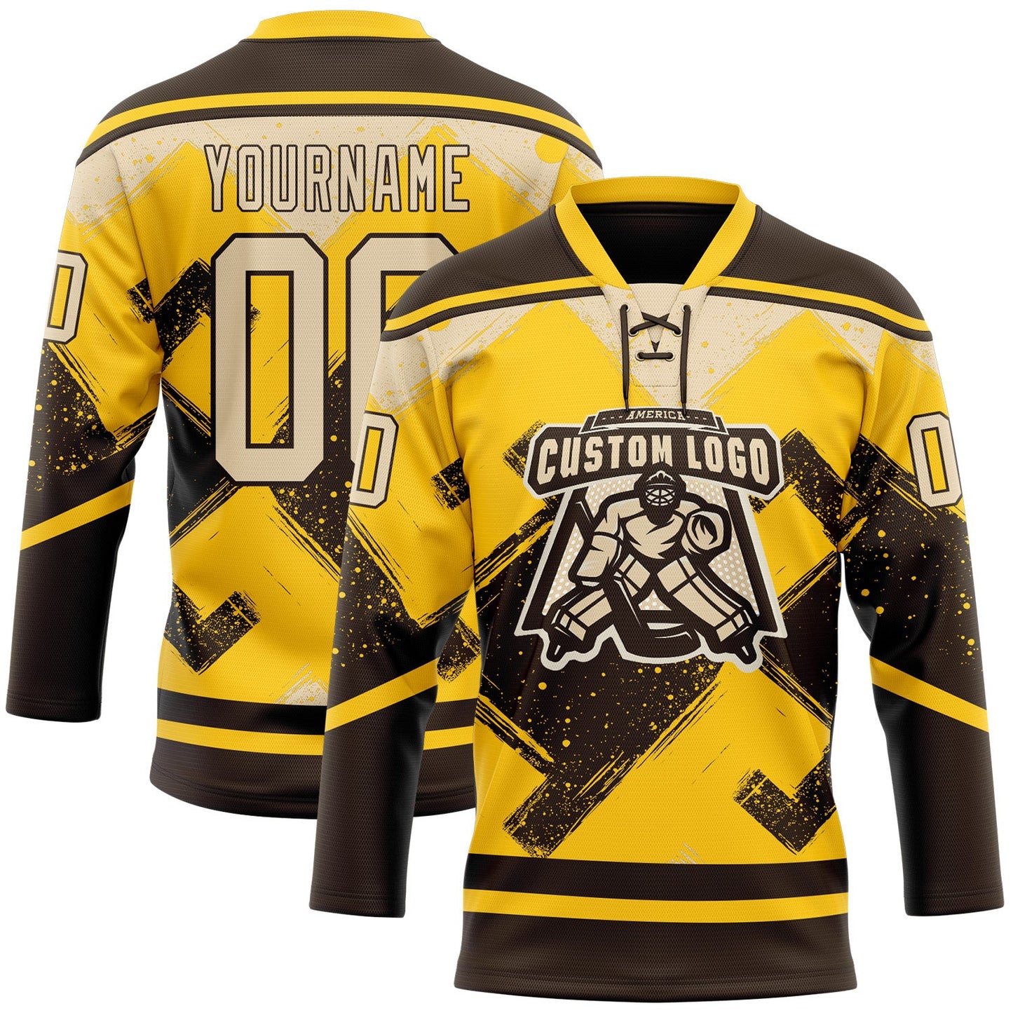 Custom Yellow City Cream-Brown Tribal Indigenous Grunge Geometric Splash Hockey Lace Neck Jersey view 2