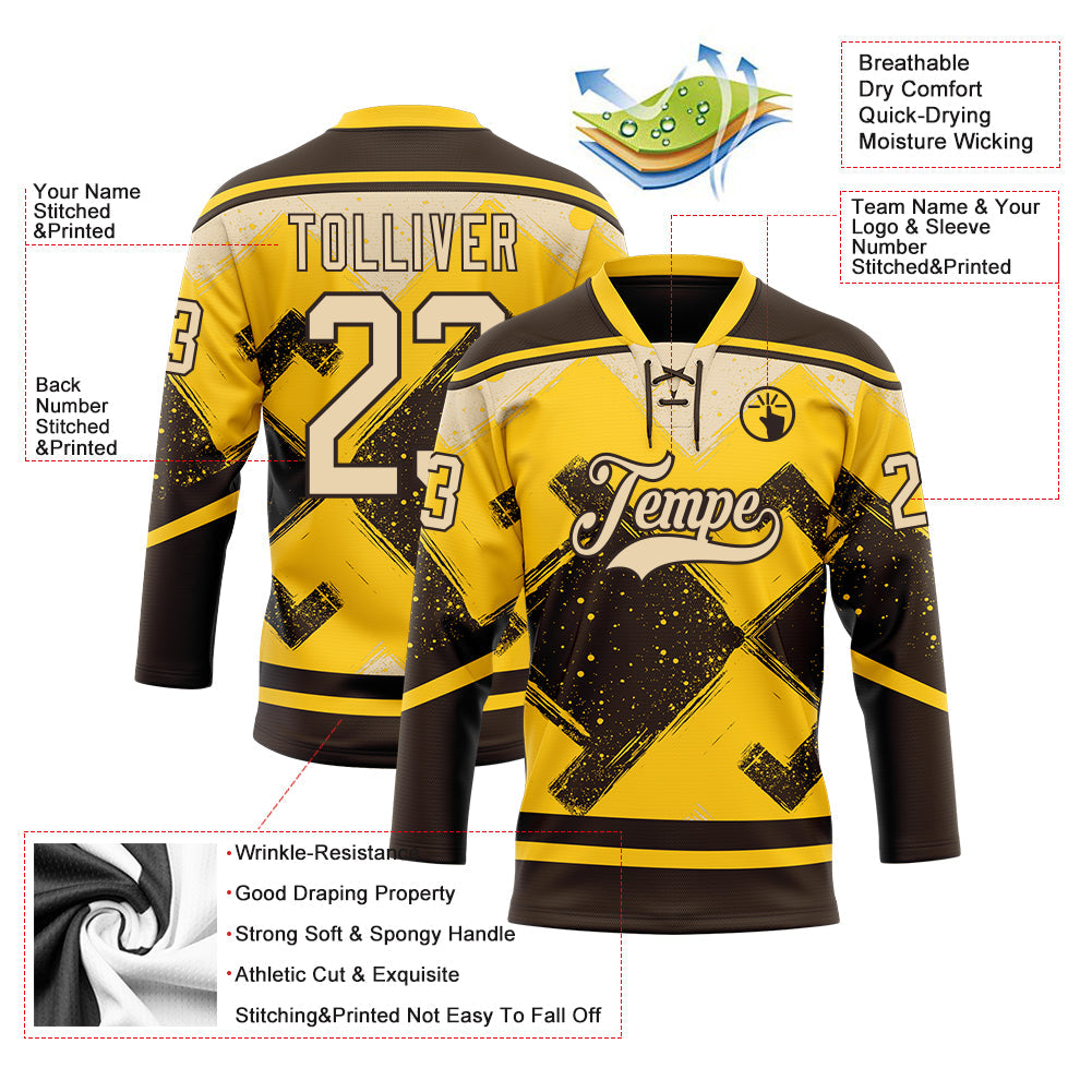 Custom Yellow City Cream-Brown Tribal Indigenous Grunge Geometric Splash Hockey Lace Neck Jersey view 5