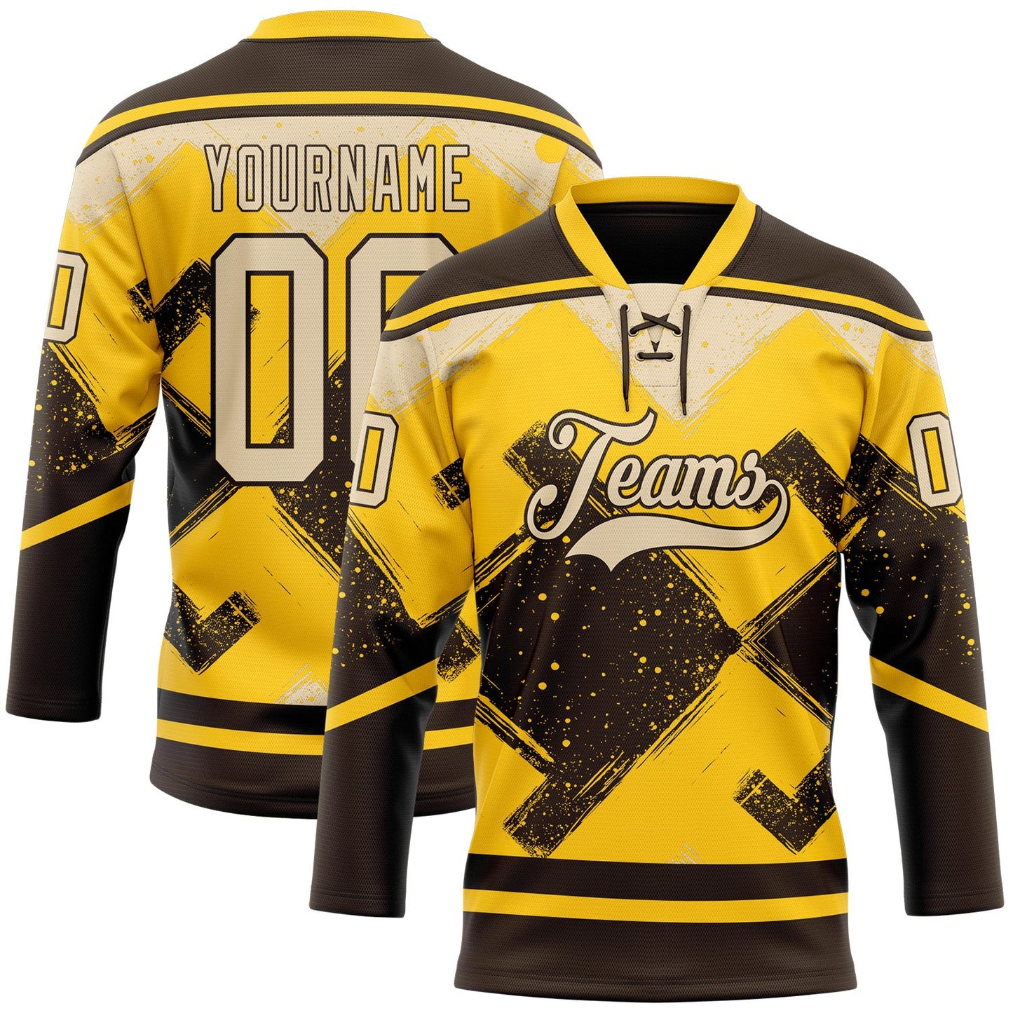Custom Yellow City Cream-Brown Tribal Indigenous Grunge Geometric Splash Hockey Lace Neck Jersey - Main View