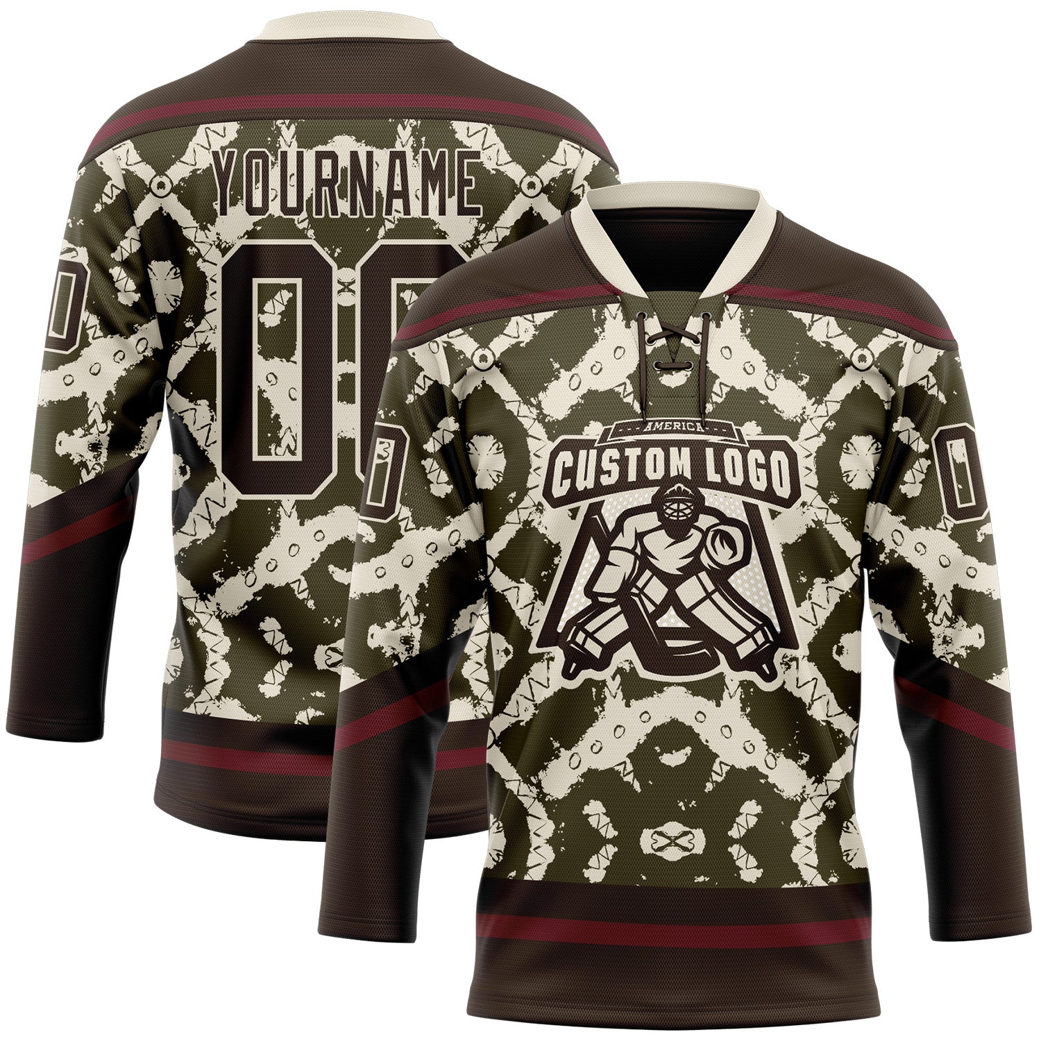 Custom Olive Brown Cream-Burgundy Tribal Indigenous Grunge Splash Hockey Lace Neck Jersey view 2
