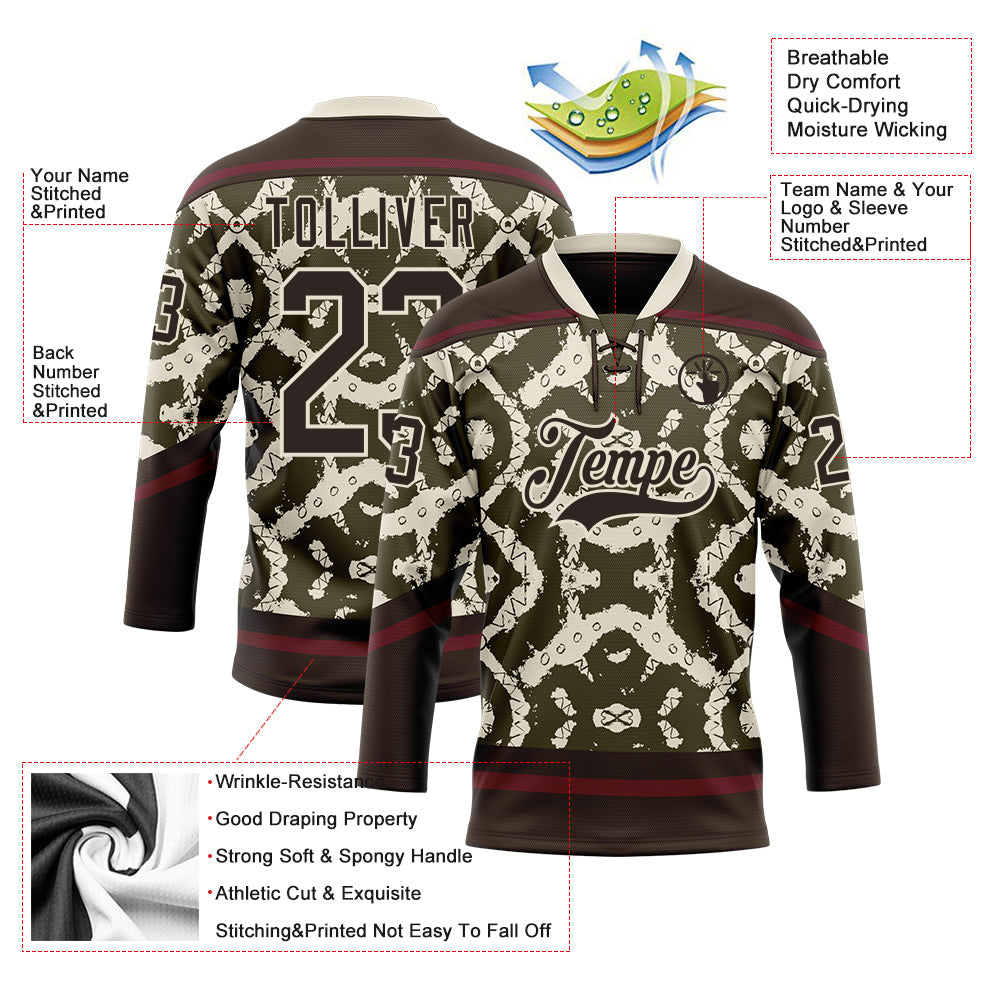 Custom Olive Brown Cream-Burgundy Tribal Indigenous Grunge Splash Hockey Lace Neck Jersey view 5