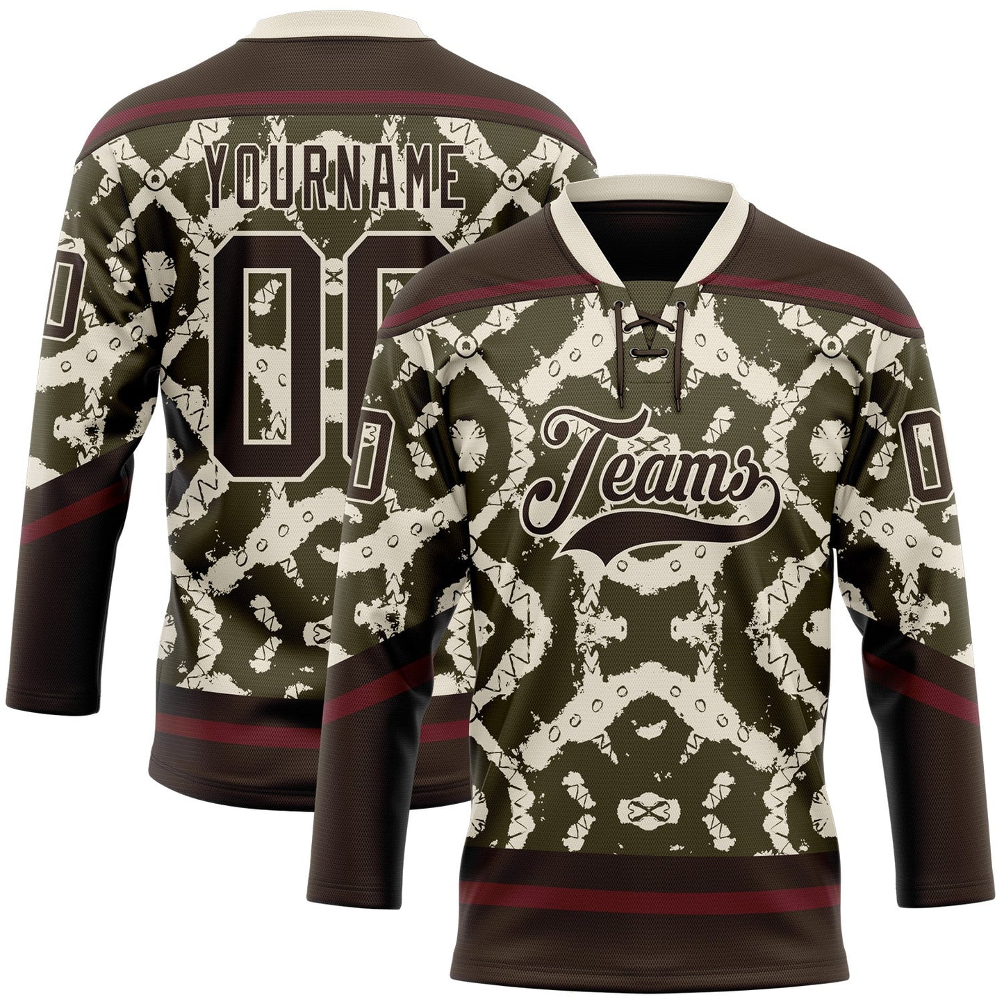 Custom Olive Brown Cream-Burgundy Tribal Indigenous Grunge Splash Hockey Lace Neck Jersey - Main View