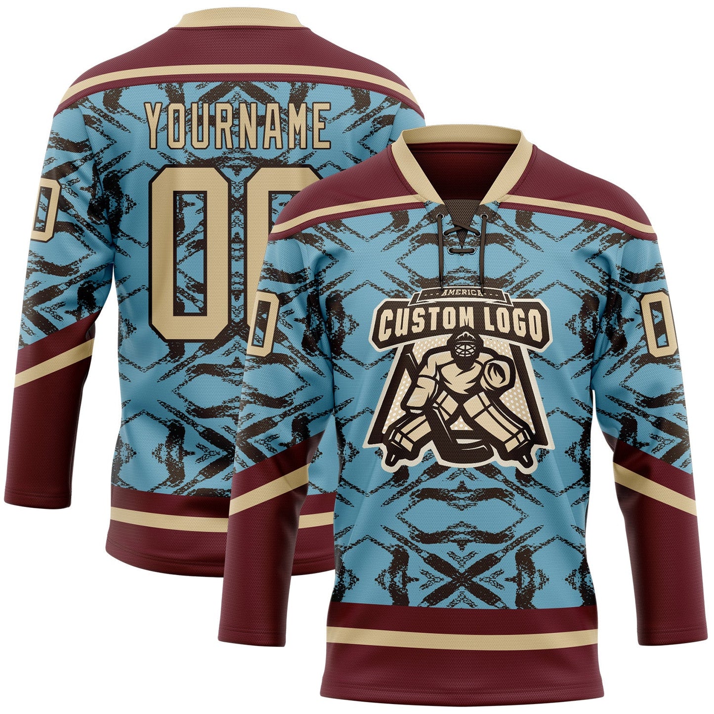 Custom Blue Vegas Gold Burgundy-Brown Tribal Indigenous Grunge Splash Hockey Lace Neck Jersey view 2