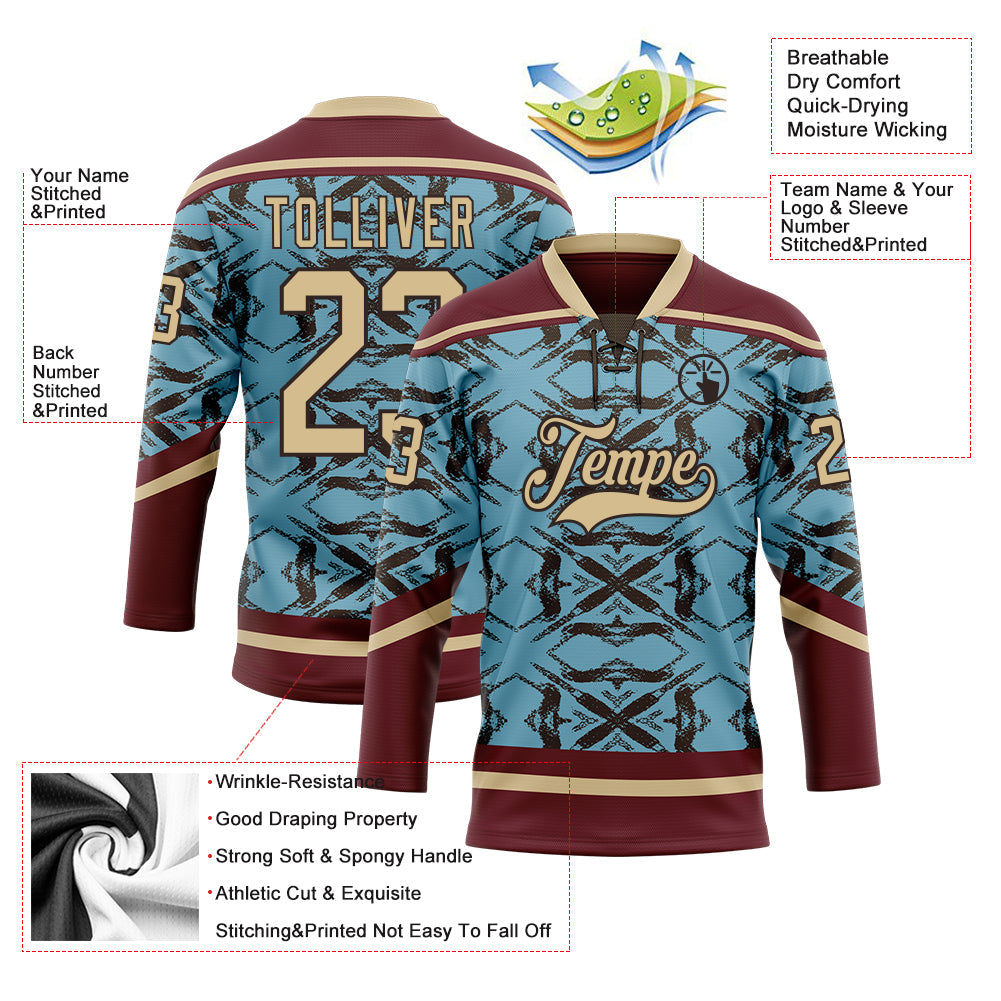 Custom Blue Vegas Gold Burgundy-Brown Tribal Indigenous Grunge Splash Hockey Lace Neck Jersey view 5