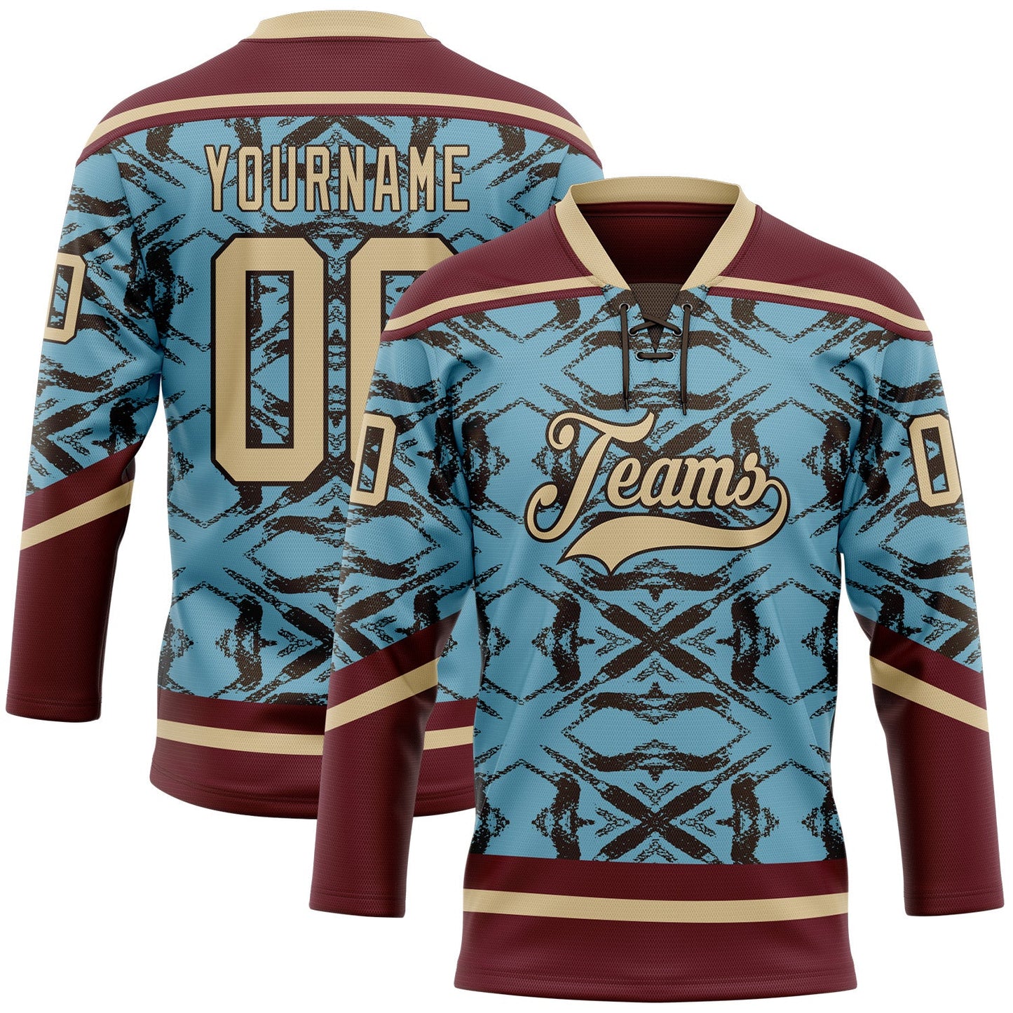 Custom Blue Vegas Gold Burgundy-Brown Tribal Indigenous Grunge Splash Hockey Lace Neck Jersey - Main View