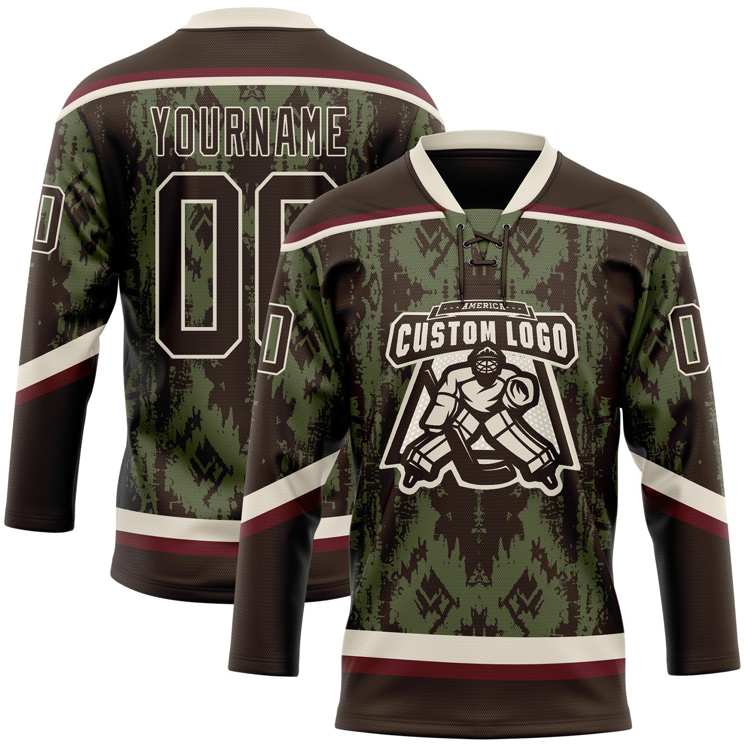 Custom Olive Brown Cream-Burgundy Tribal Indigenous Grunge Splash Hockey Lace Neck Jersey view 2