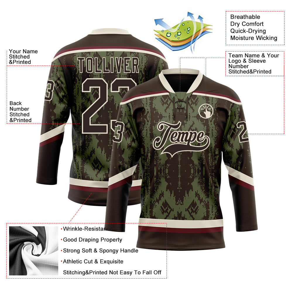 Custom Olive Brown Cream-Burgundy Tribal Indigenous Grunge Splash Hockey Lace Neck Jersey view 5