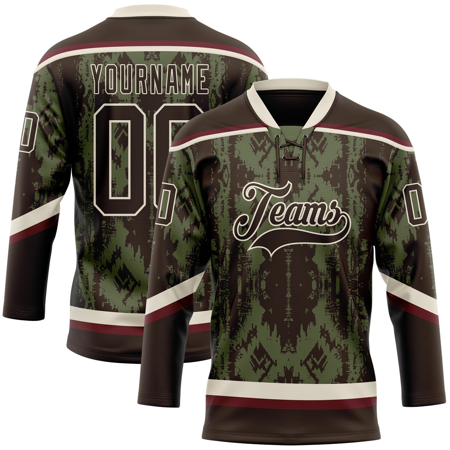 Custom Olive Brown Cream-Burgundy Tribal Indigenous Grunge Splash Hockey Lace Neck Jersey - Main View