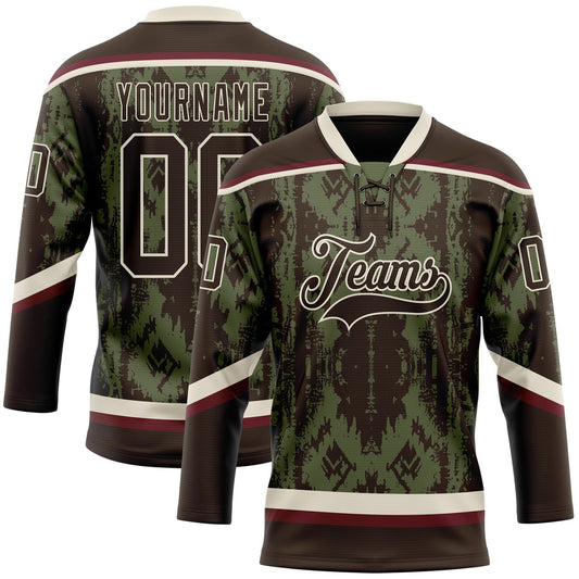 Custom Olive Brown Cream-Burgundy Tribal Indigenous Grunge Splash Hockey Lace Neck Jersey - Main View