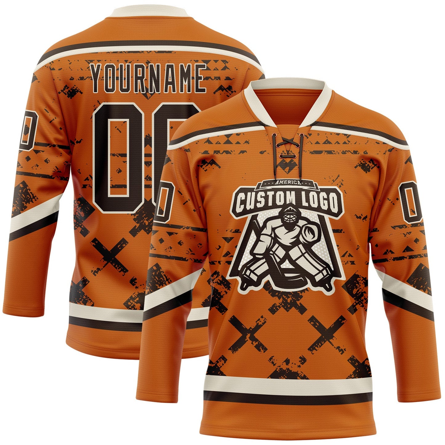 Custom Texas Orange Brown-Cream Tribal Indigenous Grunge Splash Hockey Lace Neck Jersey view 2