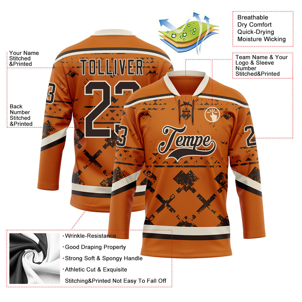 Custom Texas Orange Brown-Cream Tribal Indigenous Grunge Splash Hockey Lace Neck Jersey view 5