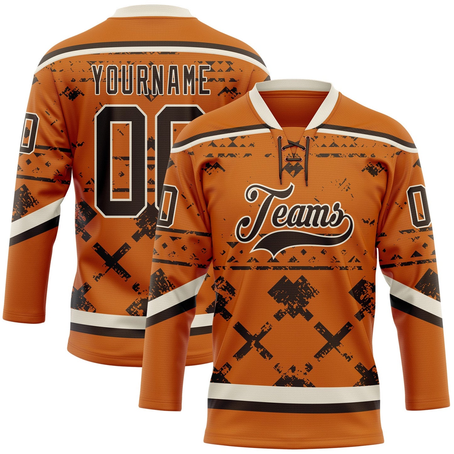 Custom Texas Orange Brown-Cream Tribal Indigenous Grunge Splash Hockey Lace Neck Jersey - Main View