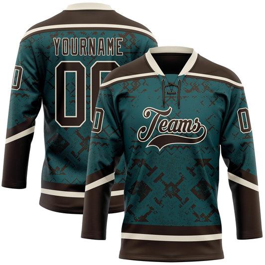 Custom Midnight Green Brown-Cream Tribal Indigenous Grunge Splash Hockey Lace Neck Jersey - Main View