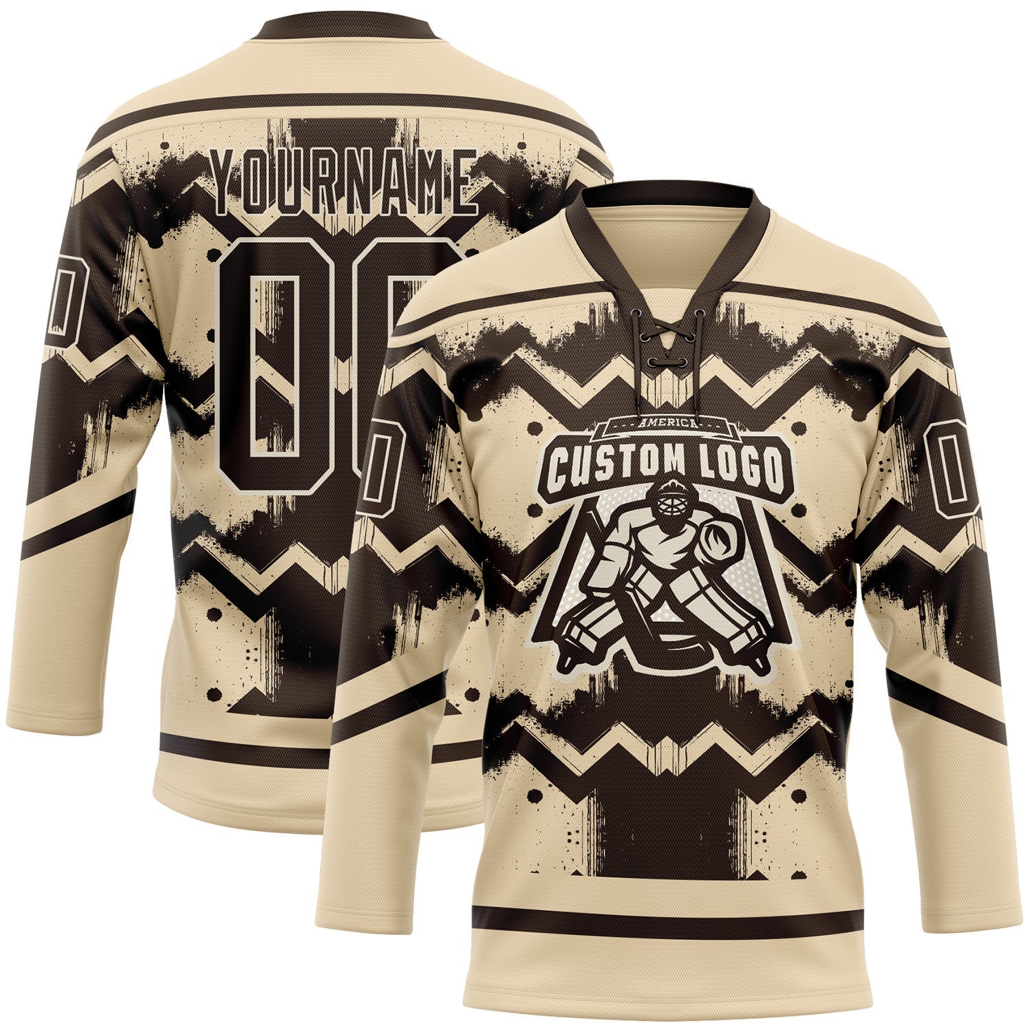 Custom City Cream Brown-Cream Tribal Indigenous Grunge Geometric Splash Hockey Lace Neck Jersey view 2