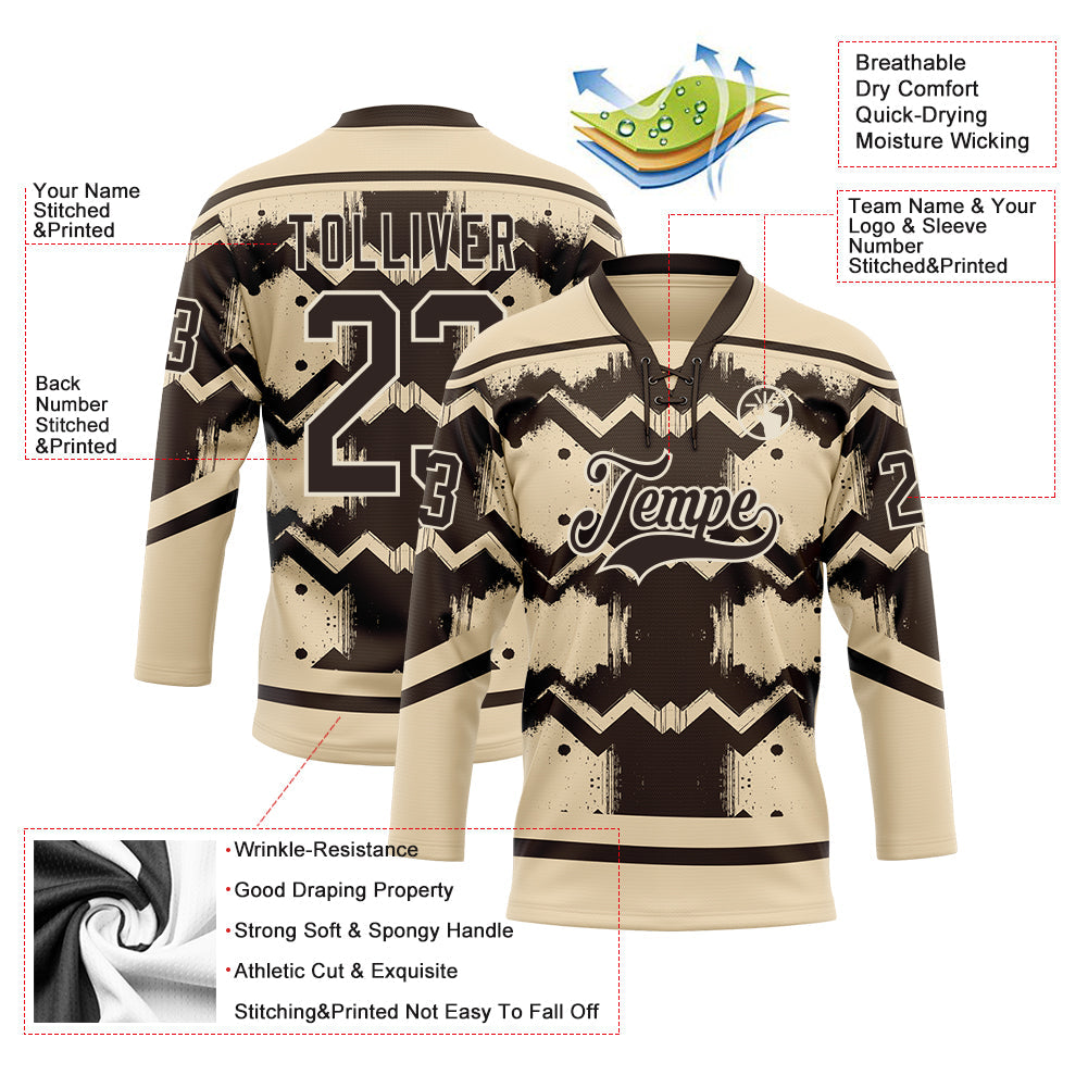 Custom City Cream Brown-Cream Tribal Indigenous Grunge Geometric Splash Hockey Lace Neck Jersey view 5