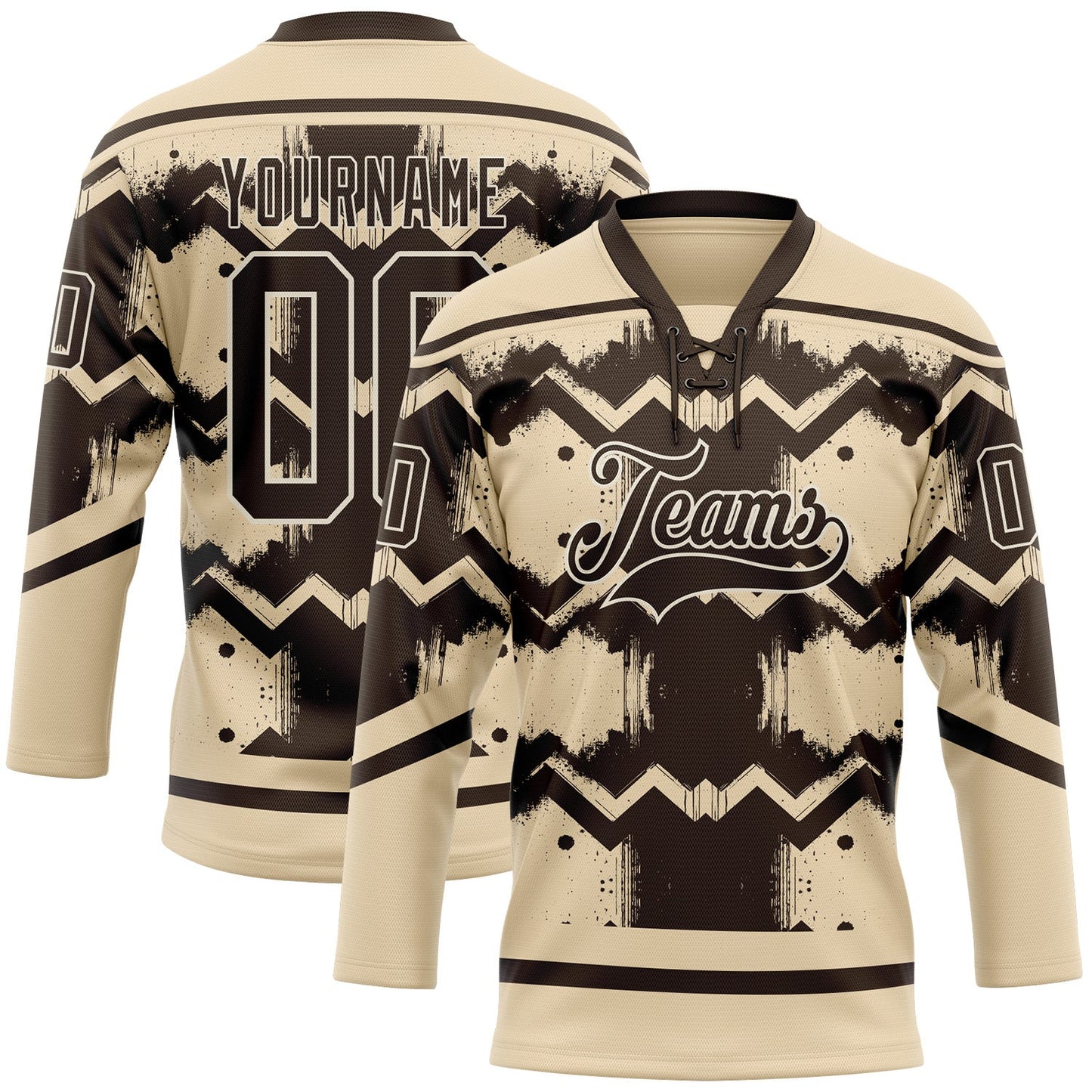 Custom City Cream Brown-Cream Tribal Indigenous Grunge Geometric Splash Hockey Lace Neck Jersey - Main View