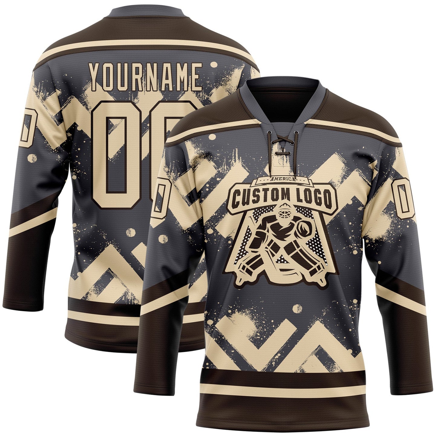 Custom Steel Gray City Cream-Brown Tribal Indigenous Grunge Geometric Splash Hockey Lace Neck Jersey view 2