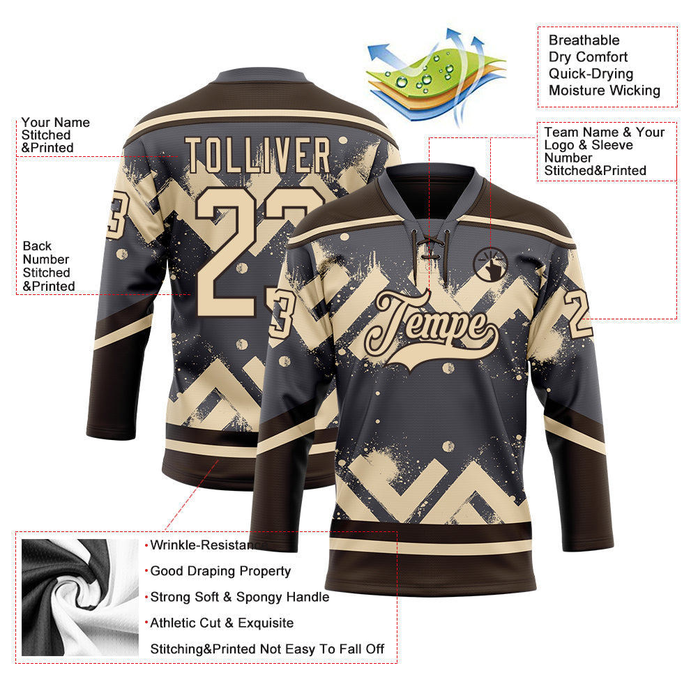 Custom Steel Gray City Cream-Brown Tribal Indigenous Grunge Geometric Splash Hockey Lace Neck Jersey view 5