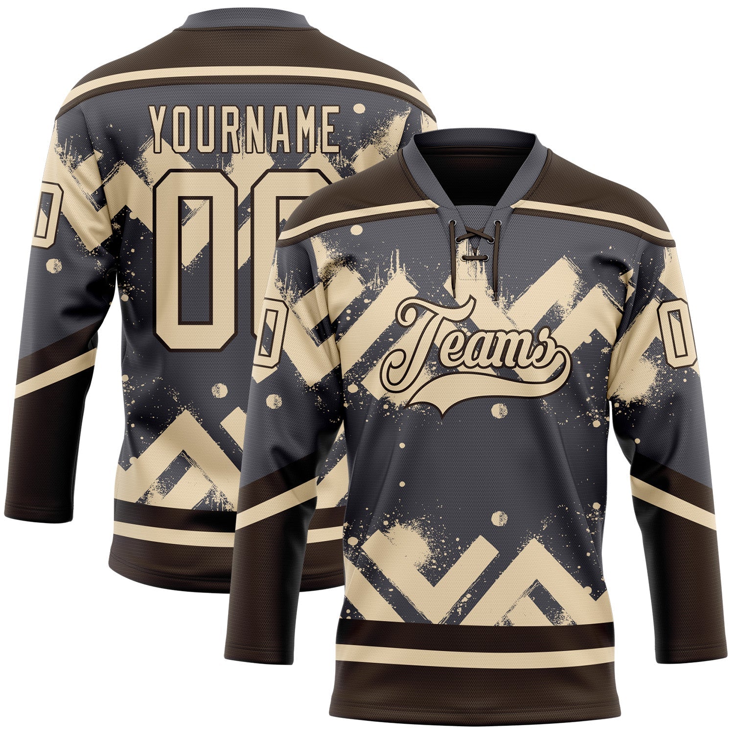 Custom Steel Gray City Cream-Brown Tribal Indigenous Grunge Geometric Splash Hockey Lace Neck Jersey - Main View