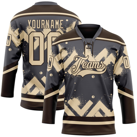 Custom Steel Gray City Cream-Brown Tribal Indigenous Grunge Geometric Splash Hockey Lace Neck Jersey - Main View