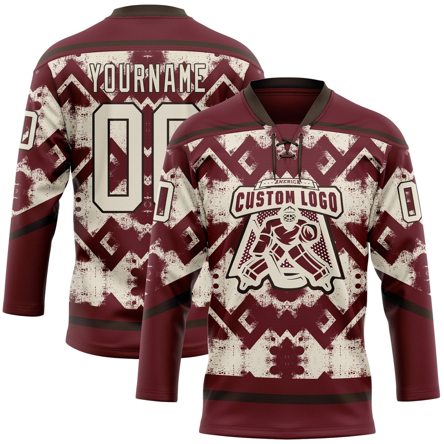 Custom Burgundy Cream-Brown Tribal Indigenous Grunge Geometric Splash Hockey Lace Neck Jersey view 2
