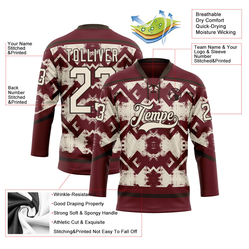 Custom Burgundy Cream-Brown Tribal Indigenous Grunge Geometric Splash Hockey Lace Neck Jersey view 5