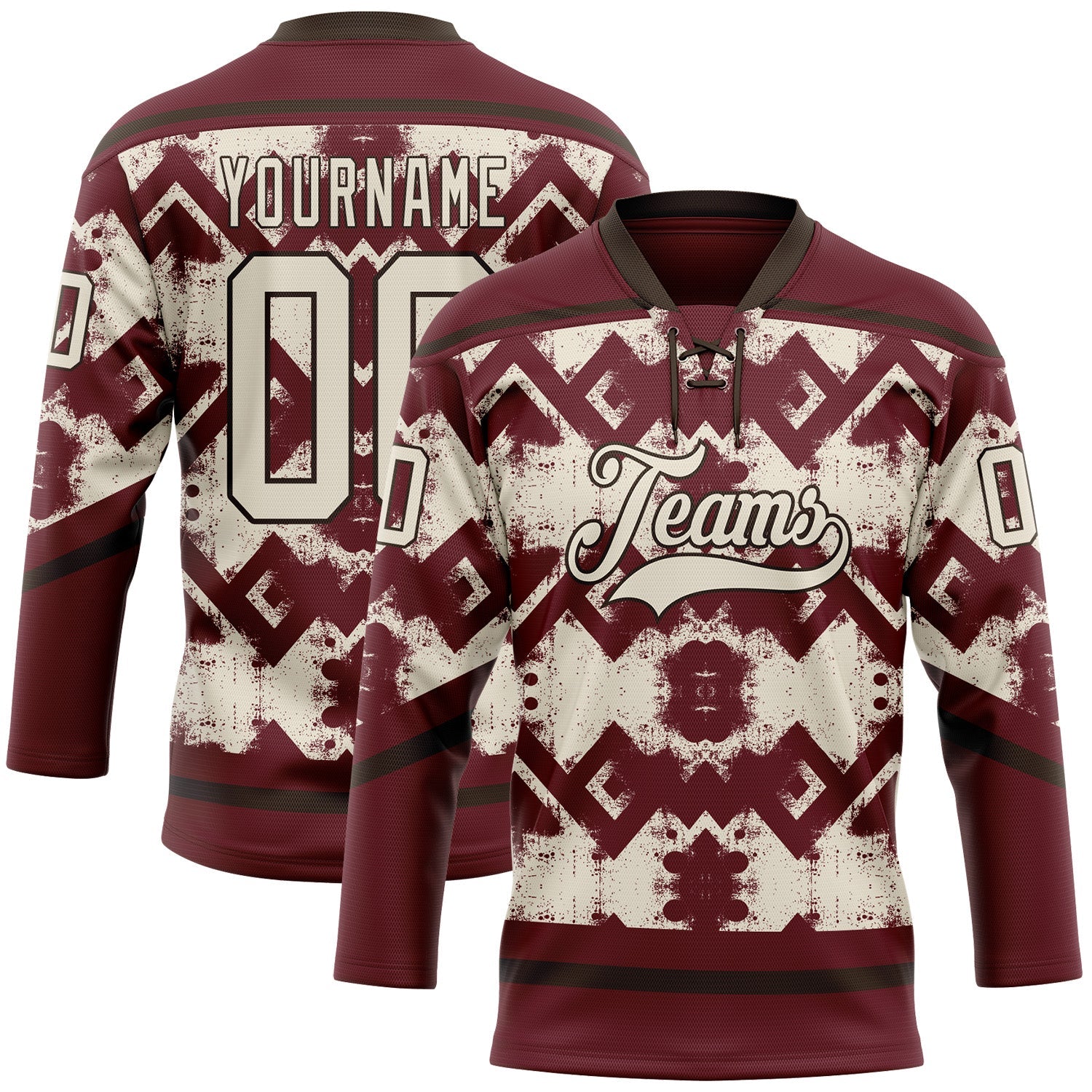 Custom Burgundy Cream-Brown Tribal Indigenous Grunge Geometric Splash Hockey Lace Neck Jersey - Main View