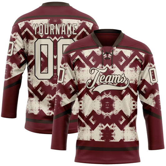 Custom Burgundy Cream-Brown Tribal Indigenous Grunge Geometric Splash Hockey Lace Neck Jersey - Main View