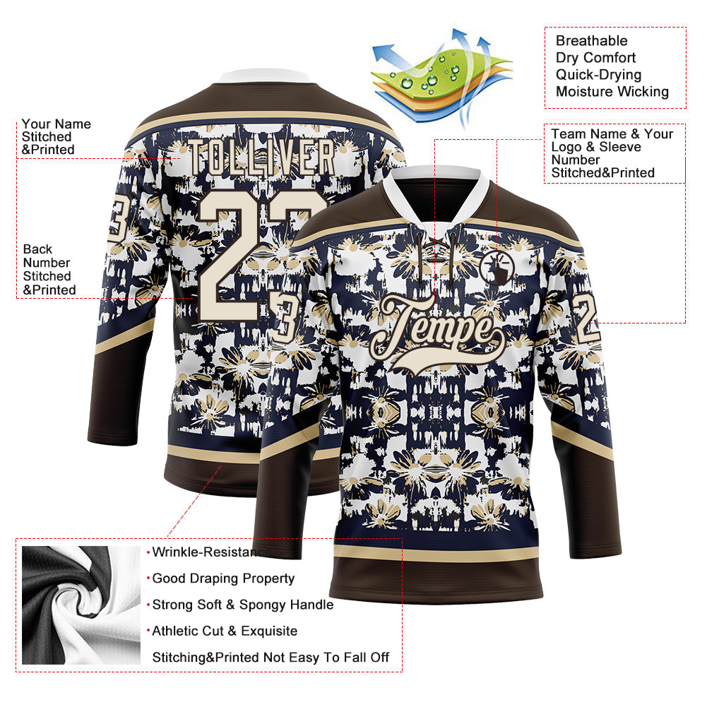 Custom Navy Cream Brown-Vegas Gold Tribal Indigenous Grunge Floral Splash Hockey Lace Neck Jersey view 5