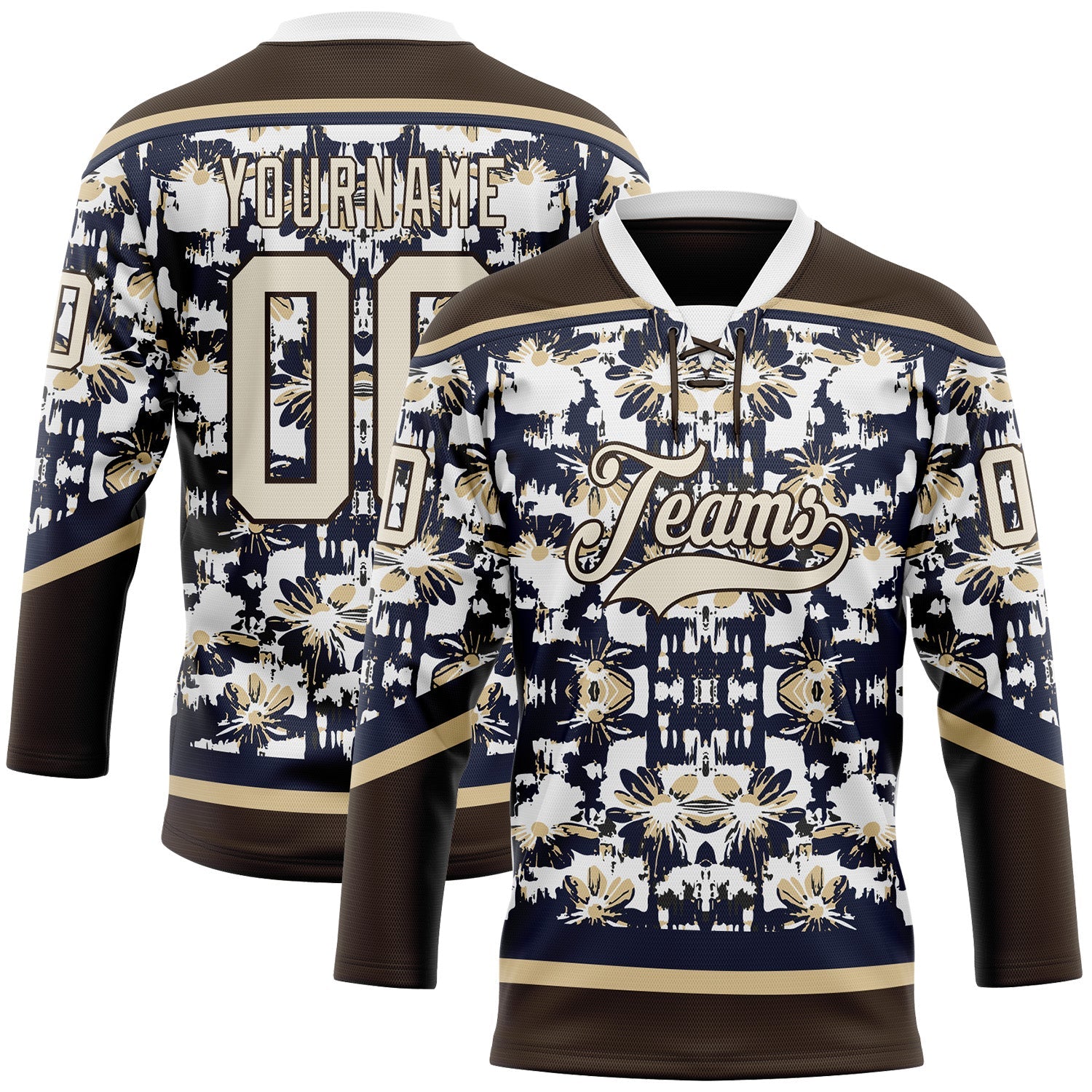 Custom Navy Cream Brown-Vegas Gold Tribal Indigenous Grunge Floral Splash Hockey Lace Neck Jersey - Main View