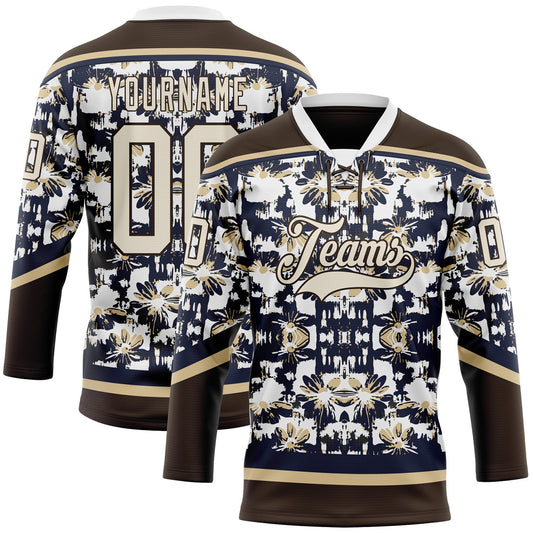 Custom Navy Cream Brown-Vegas Gold Tribal Indigenous Grunge Floral Splash Hockey Lace Neck Jersey - Main View