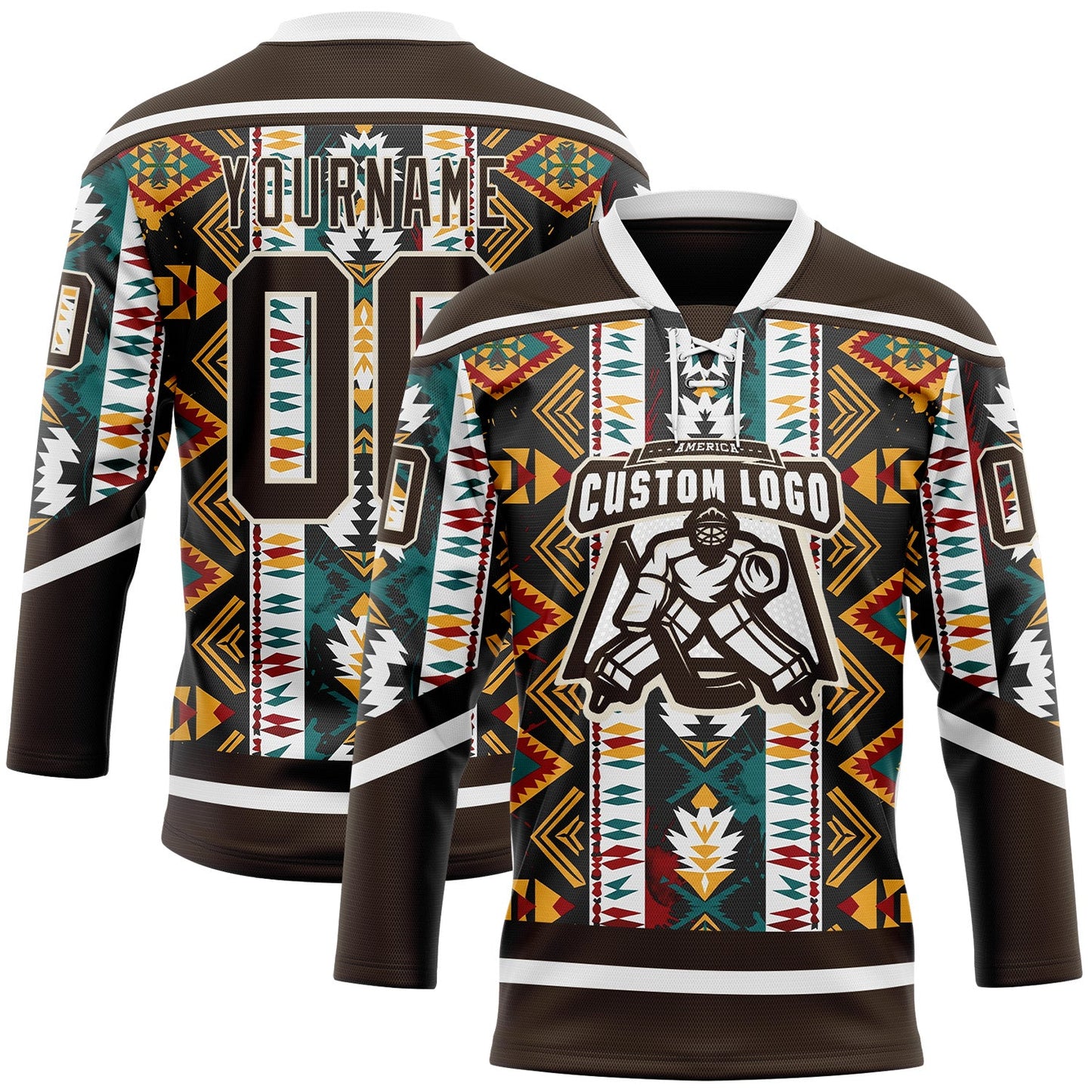 Custom Brown Yellow Green Red-Cream Tribal Indigenous Grunge Geometric Splash Hockey Lace Neck Jersey view 2