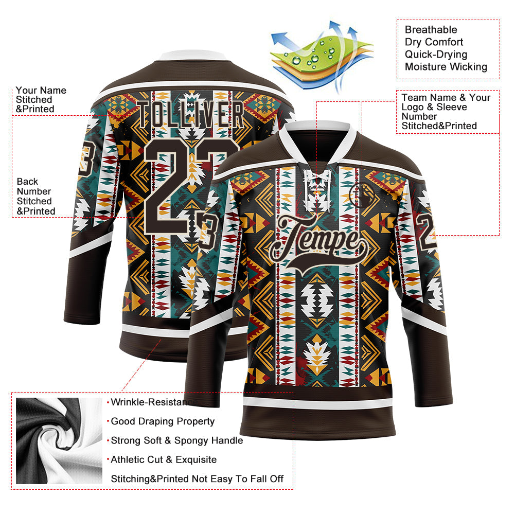 Custom Brown Yellow Green Red-Cream Tribal Indigenous Grunge Geometric Splash Hockey Lace Neck Jersey view 5