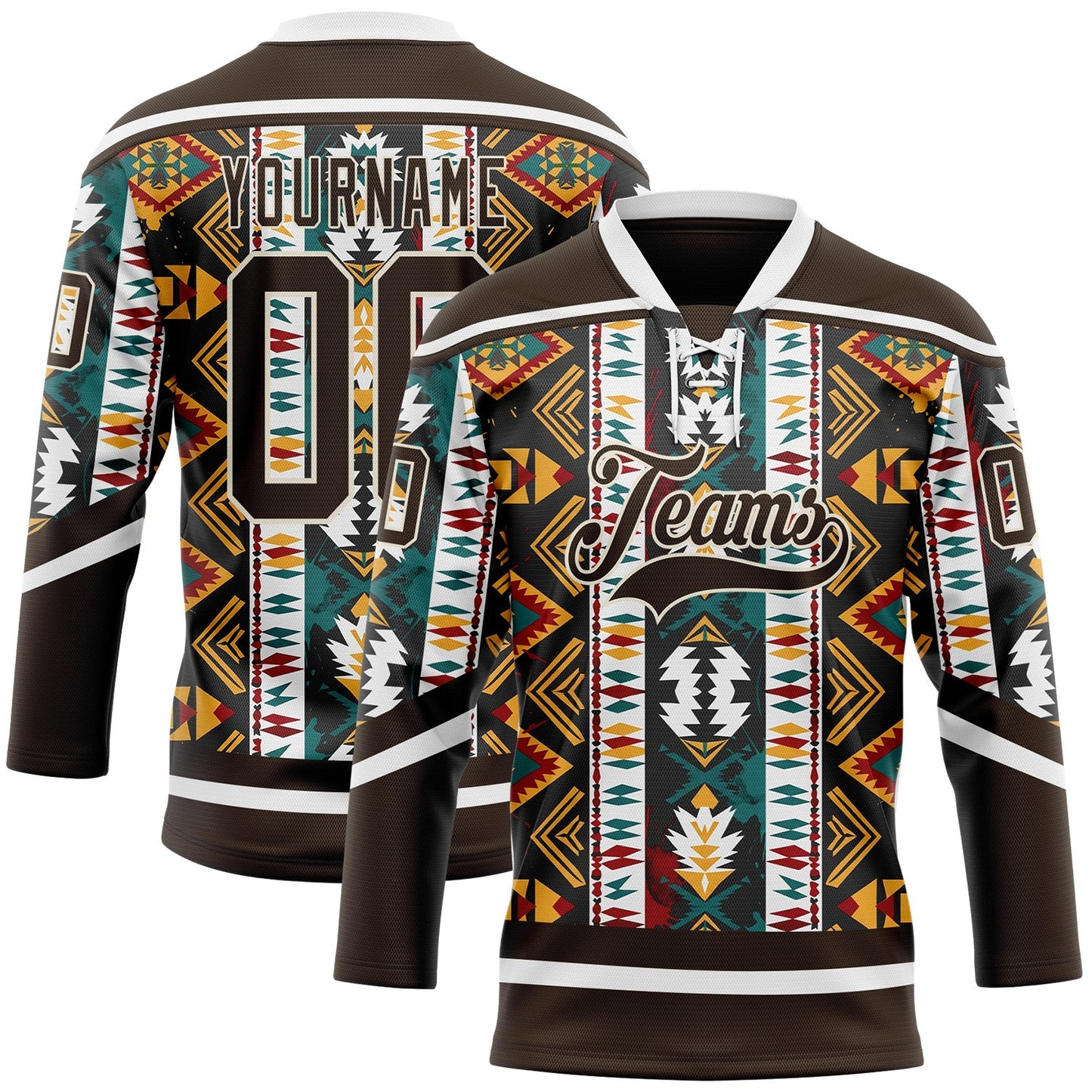 Custom Brown Yellow Green Red-Cream Tribal Indigenous Grunge Geometric Splash Hockey Lace Neck Jersey - Main View