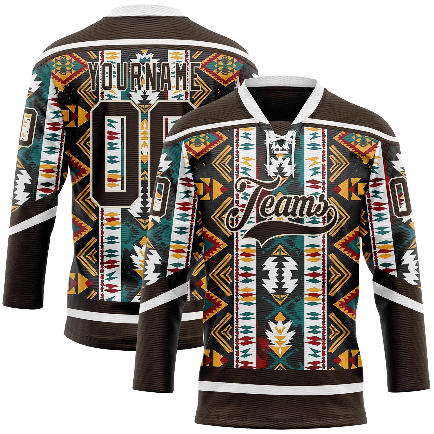 Custom Brown Yellow Green Red-Cream Tribal Indigenous Grunge Geometric Splash Hockey Lace Neck Jersey - Main View