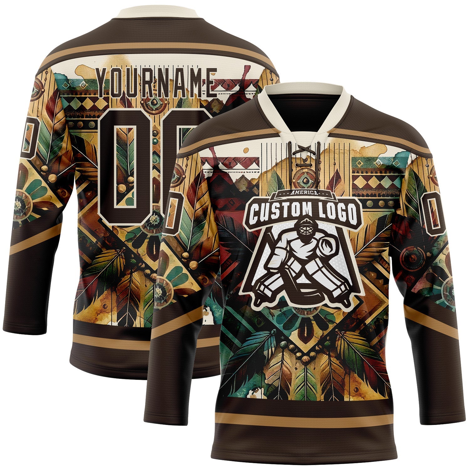 Custom Brown Old Gold-Cream Tribal Indigenous Grunge Geometric Splash Hockey Lace Neck Jersey view 2