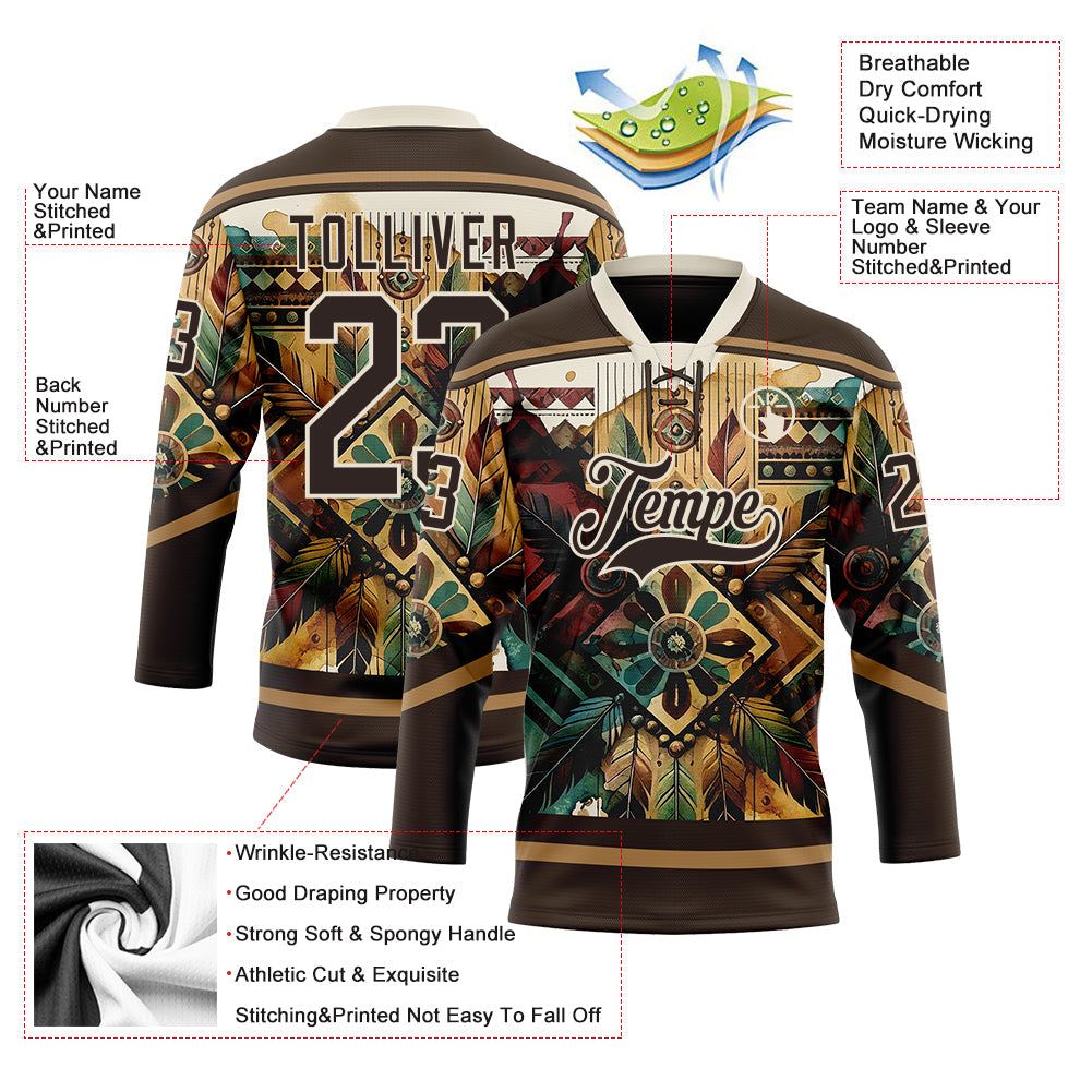 Custom Brown Old Gold-Cream Tribal Indigenous Grunge Geometric Splash Hockey Lace Neck Jersey view 5