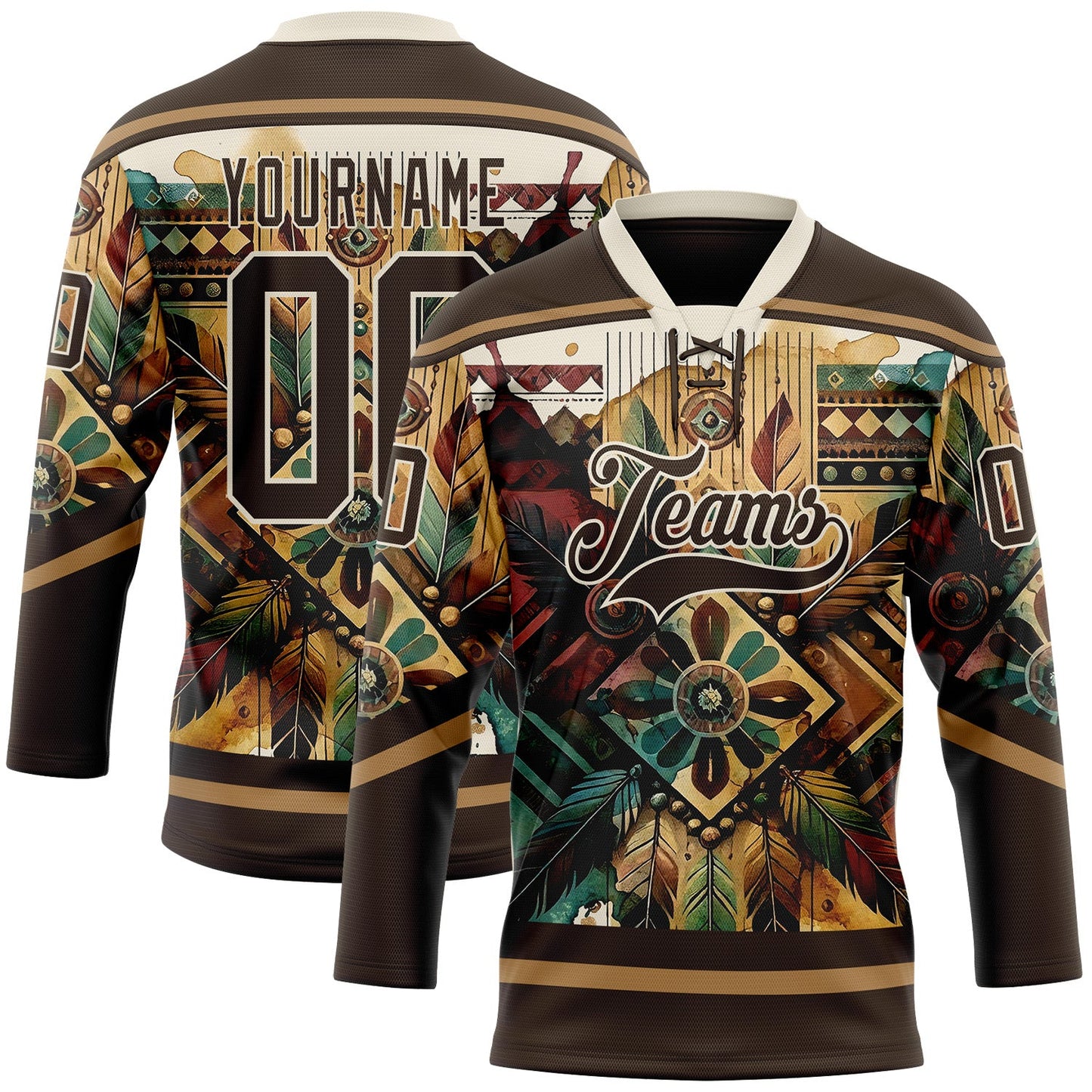 Custom Brown Old Gold-Cream Tribal Indigenous Grunge Geometric Splash Hockey Lace Neck Jersey - Main View