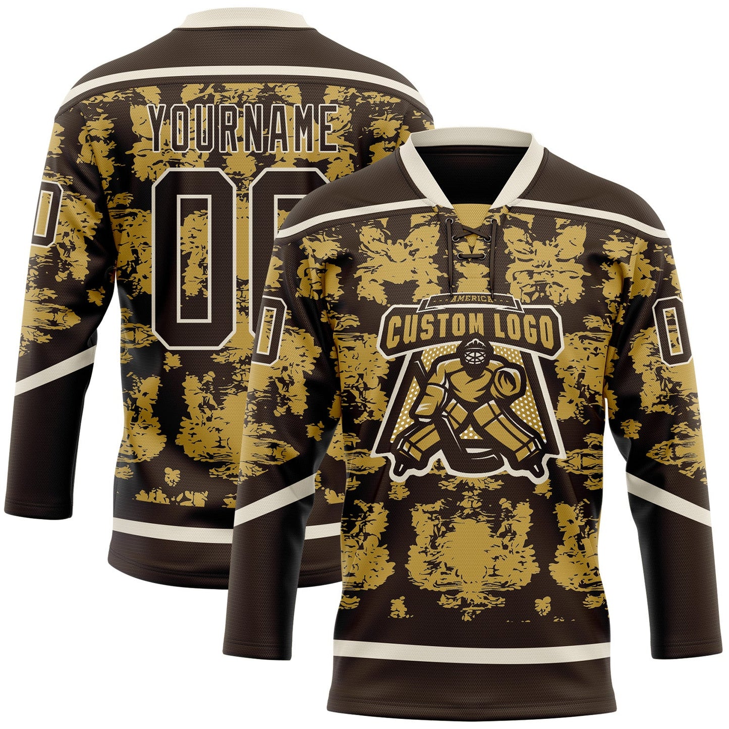 Custom Brown Old Gold-Cream Tribal Indigenous Grunge Splash Hockey Lace Neck Jersey view 2