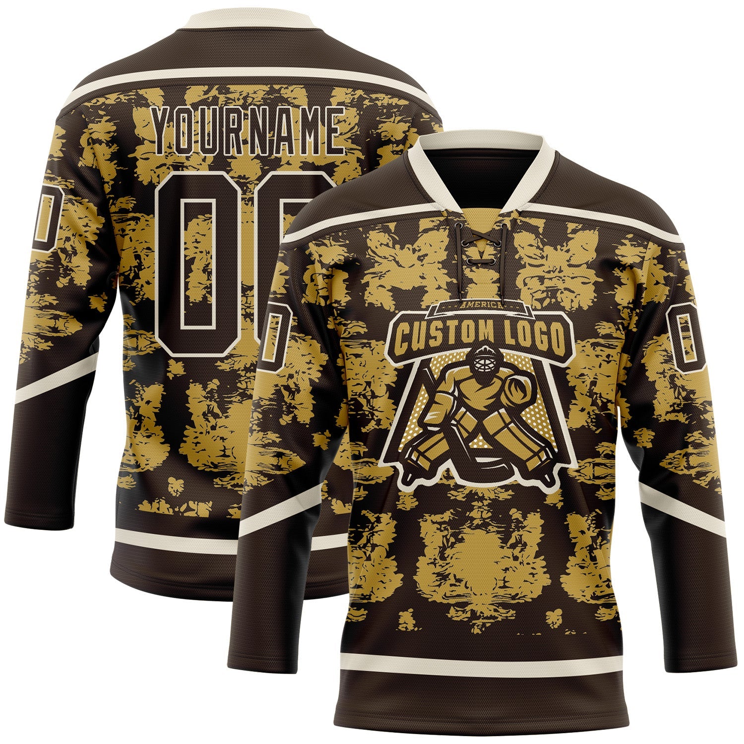Custom Brown Old Gold-Cream Tribal Indigenous Grunge Splash Hockey Lace Neck Jersey view 2
