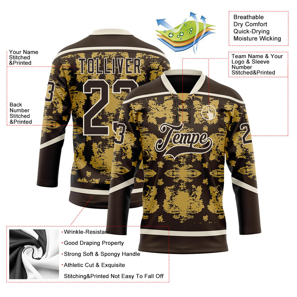 Custom Brown Old Gold-Cream Tribal Indigenous Grunge Splash Hockey Lace Neck Jersey view 5