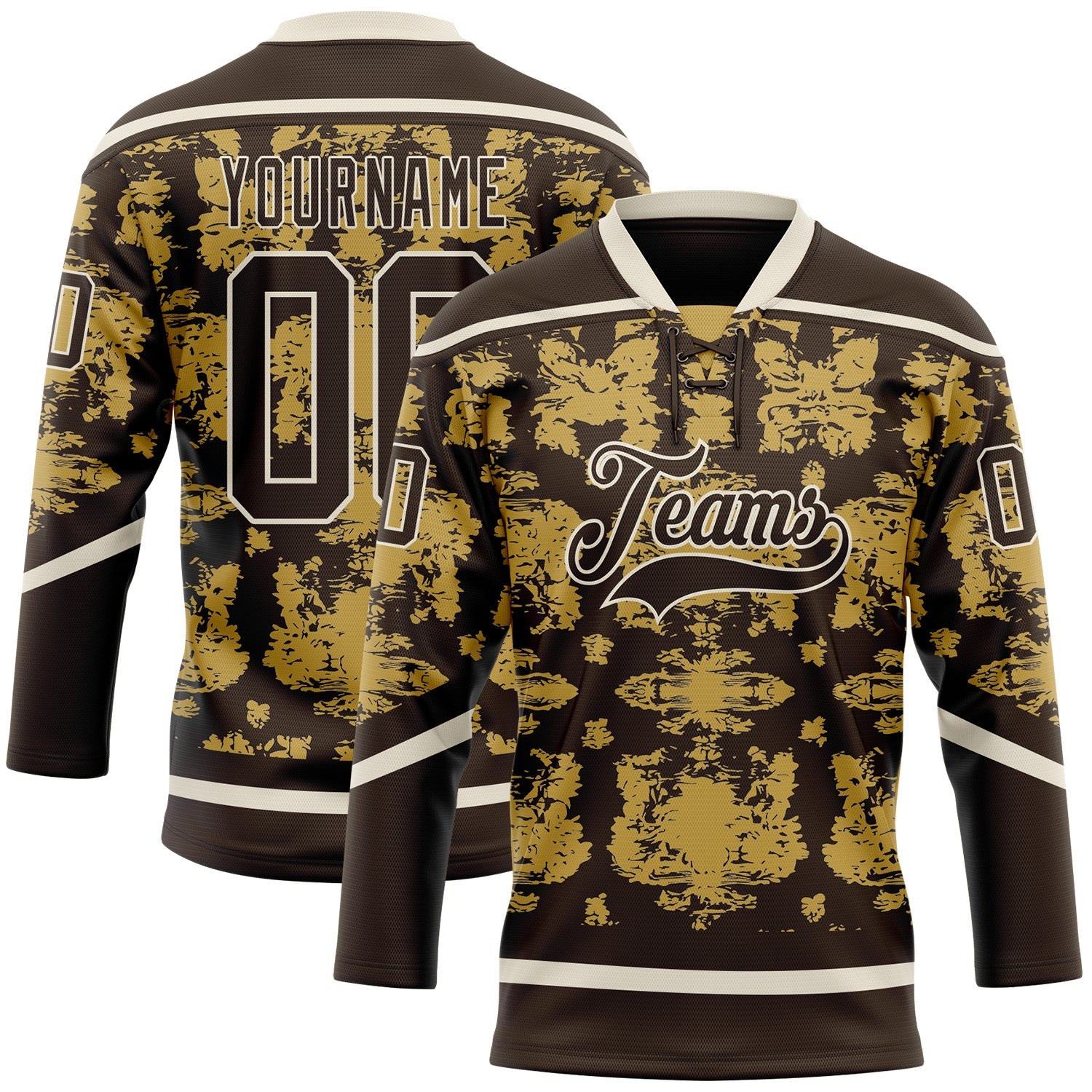 Custom Brown Old Gold-Cream Tribal Indigenous Grunge Splash Hockey Lace Neck Jersey - Main View