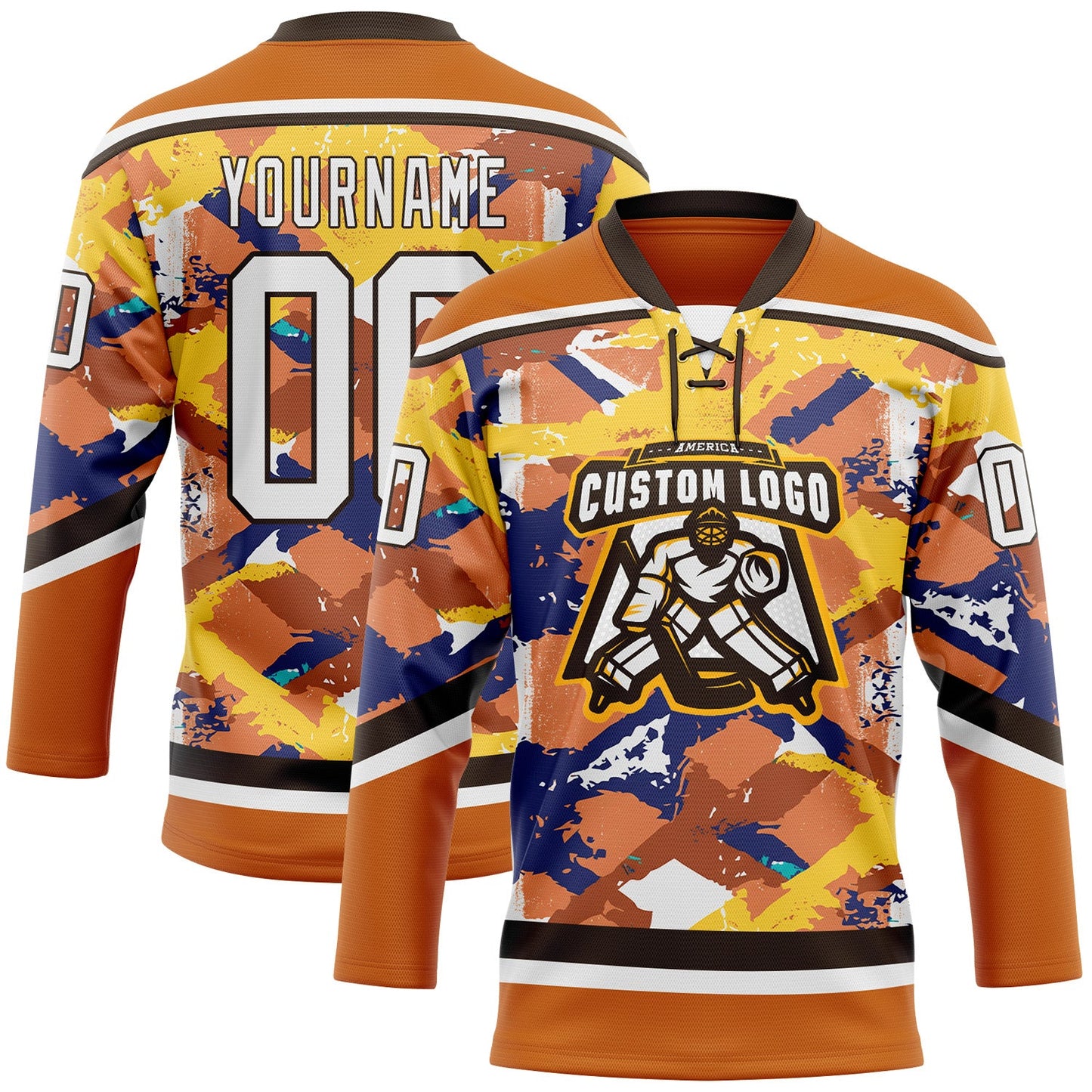 Custom Texas Orange White Yellow Blue-Brown Tribal Indigenous Grunge Splash Hockey Lace Neck Jersey view 2