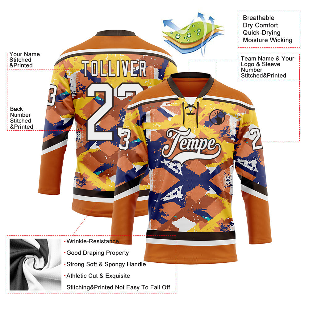 Custom Texas Orange White Yellow Blue-Brown Tribal Indigenous Grunge Splash Hockey Lace Neck Jersey view 5