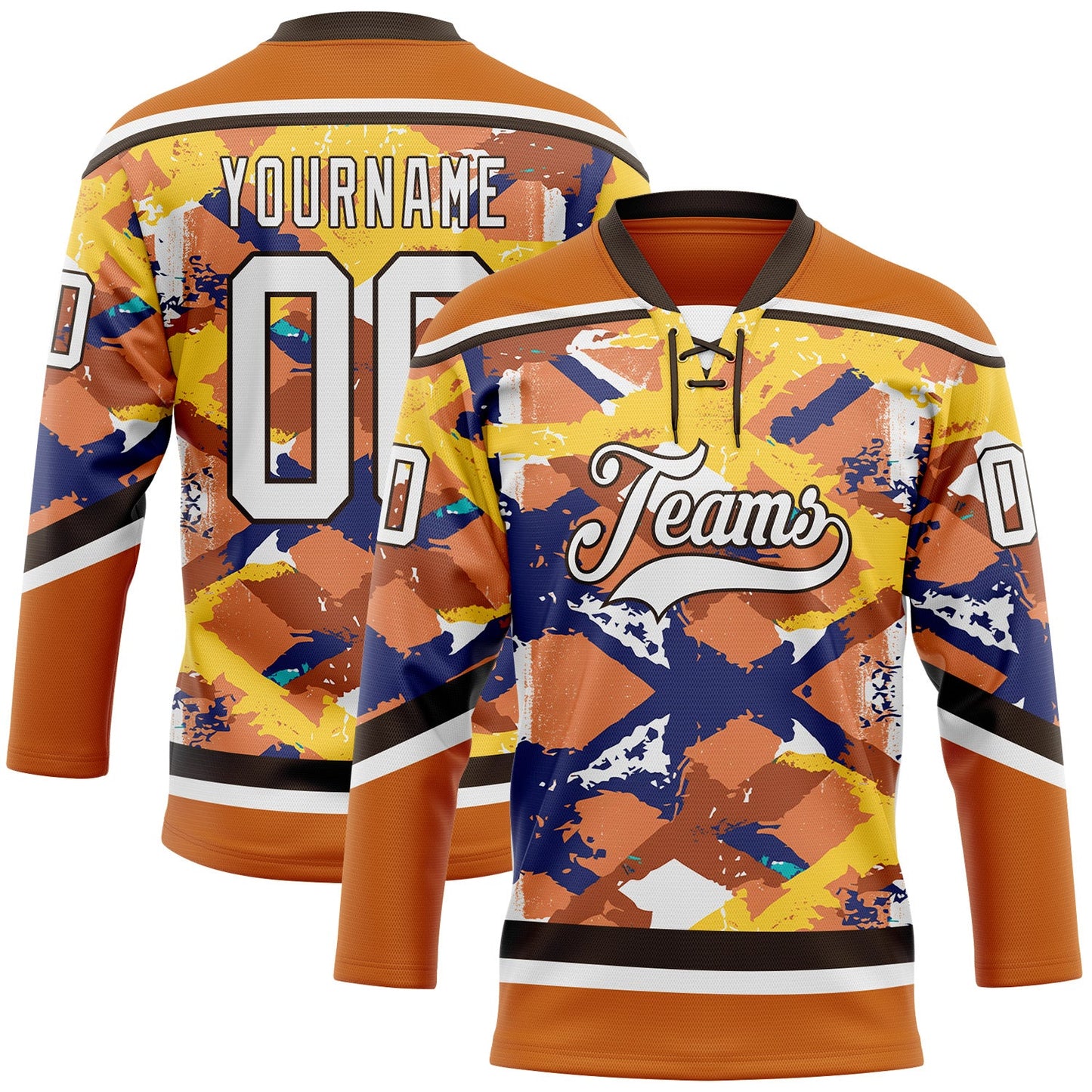 Custom Texas Orange White Yellow Blue-Brown Tribal Indigenous Grunge Splash Hockey Lace Neck Jersey - Main View