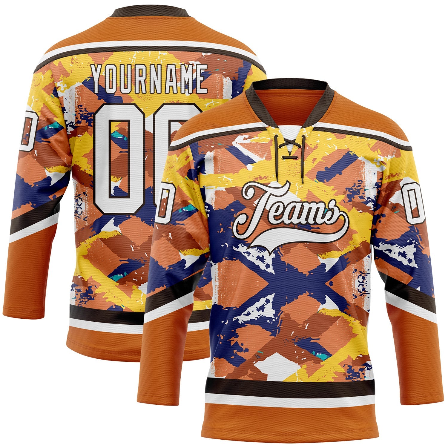 Custom Texas Orange White Yellow Blue-Brown Tribal Indigenous Grunge Splash Hockey Lace Neck Jersey - Main View