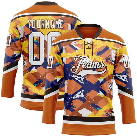 Custom Texas Orange White Yellow Blue-Brown Tribal Indigenous Grunge Splash Hockey Lace Neck Jersey - Main View